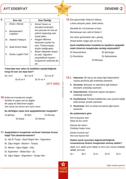 Yıldız Sorular AYT Edebiyat 8 Deneme