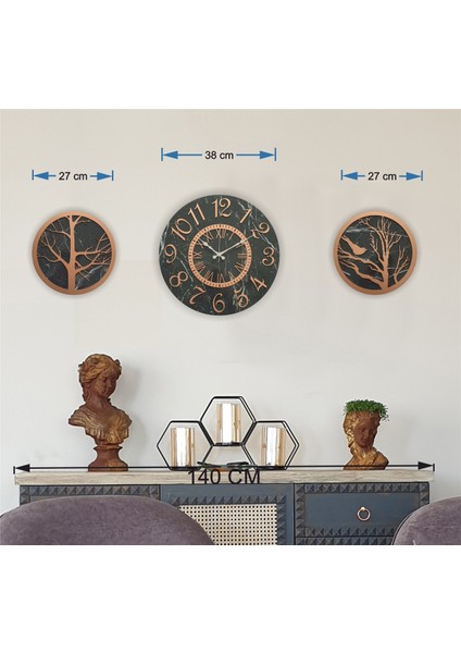 Mermer Desenli Duvar Saati ile Daldaki Kuş ve Hayat Ağacı Tablo