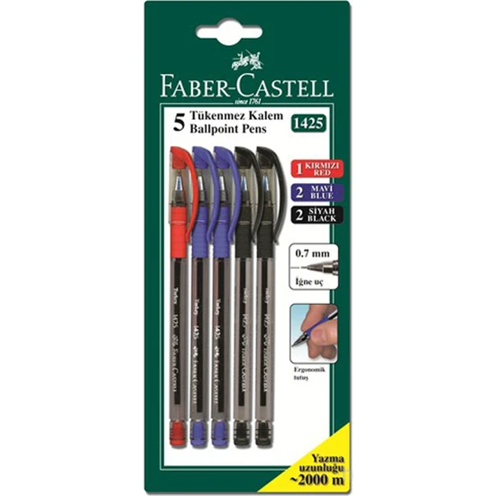 Faber-Castell Faber Castell 1425 5 Renk Tükenmez Kalem - 2 Siyah+2 Mavi+1 Kırmızı 5'li 5500142550
