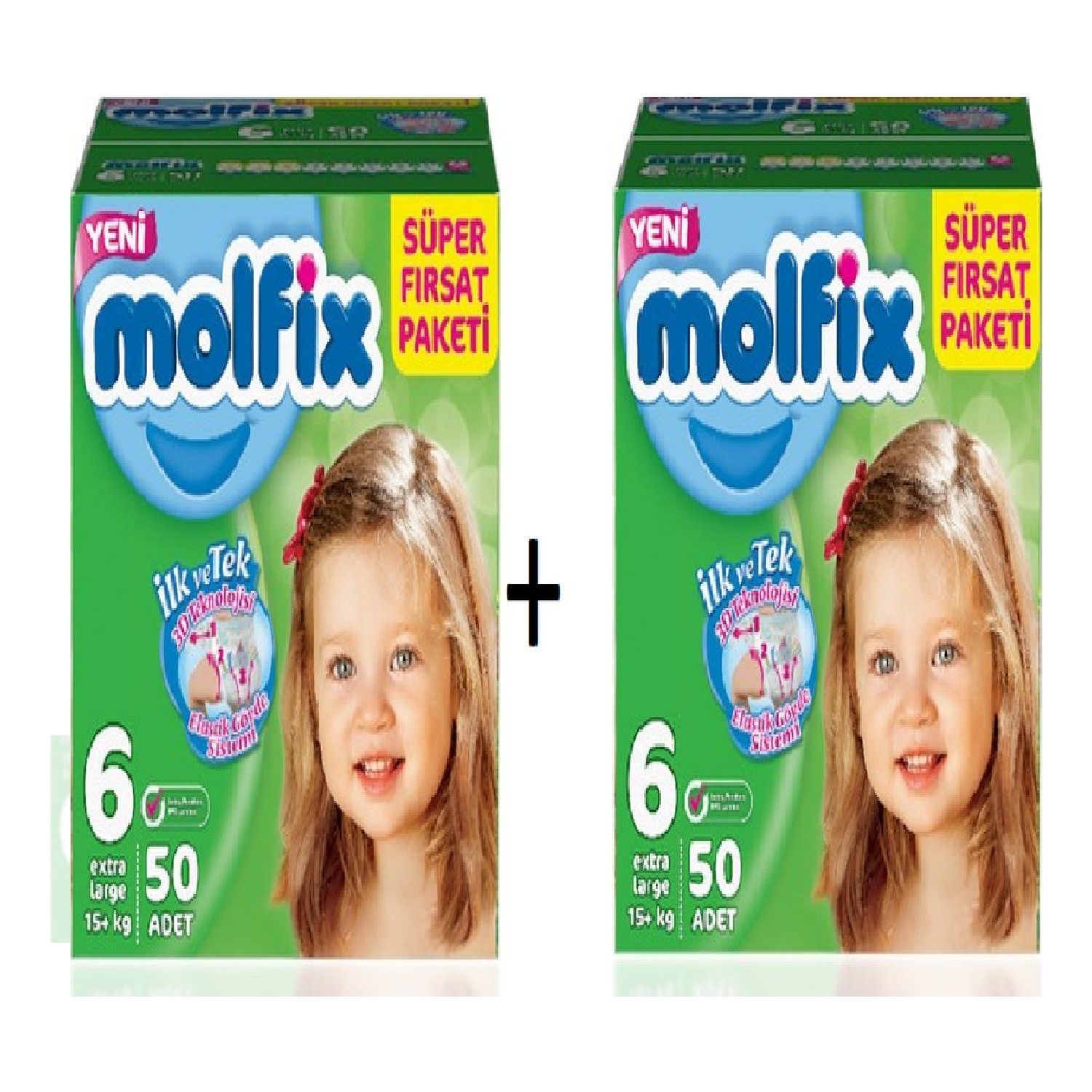 Molfix Bebek Bezi Aylık Paket 6 Beden 15+KG 50x2 100adet 2 Fiyatı