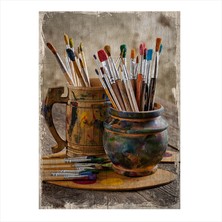 Cakasepetim Ahşap Tablo Eski zeminde yağlı boya fırçaları