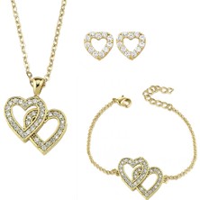 Forentina Çift Kalpli Kolye Küpe Bileklik Set  Ps0406