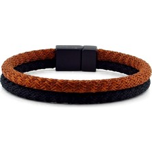 Solfera Kahve Siyah İp Dokuma Siyah Metal Klips Erkek Bileklik Bt429