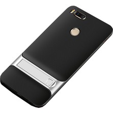 Case 4U Xiaomi Mi A1 - 5X Kılıf Standlı Korumalı Silikon Arka Kapak - Gümüş Gri