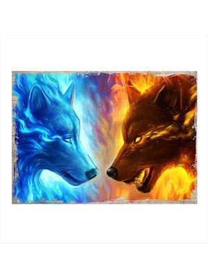 Cakasepetim Ahşap Tablo Buz Ve Alevli Kurtlar