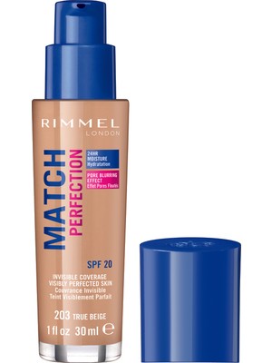 Rimmel London Match Perfection Fondöten 203 ''True'' Beige SPF 20 Cilt Tonunu Eşitleyici ve Pürüzsüzleştirici