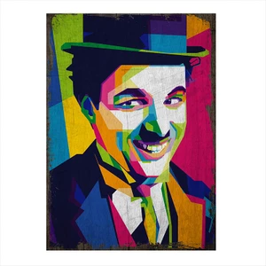 Ahşap Tablo Eski zeminde sulu boya çizimli Charlie Chaplin