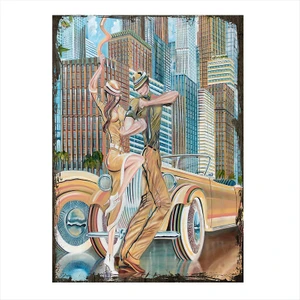 Ahşap Tablo Klasik Araba Ve Mutlu Çift