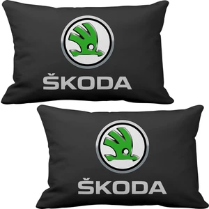 Skoda 2 li Lüks Araç Boyun Yastığı Siyah ve Ahşap Logo Anahtarlık