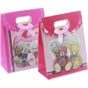 Mutlu Adım 12 Adet 12 x 16 cm Ayıcık Karton Çanta Pembe Kırmızı