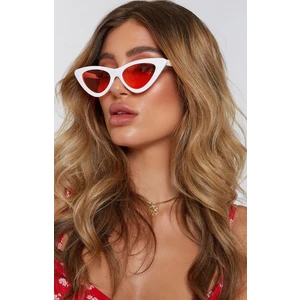 Retro Üçgen Cat-Eye Kırmızı Camlı Bayan Güneş Gözlüğü Beyaz
