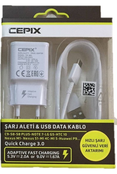 Cepix Galaxy S8/C9 Type C Hızlı Şarj 3.0 Özellikli Şarj Cihazı ve Kablosu - Beyaz - TR-862C