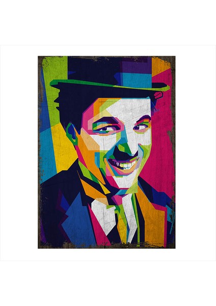 Ahşap Tablo Eski zeminde sulu boya çizimli Charlie Chaplin