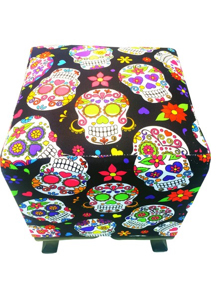 Siyah Kuru Kafa Baskılı Kumaş Ayak Uzatma Oturma Puf 33 x 33 x 43 cm