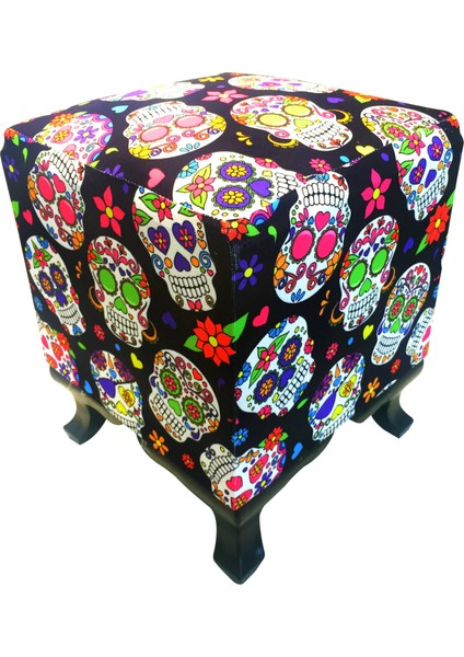 Siyah Kuru Kafa Baskılı Kumaş Ayak Uzatma Oturma Puf 33 x 33 x 43 cm