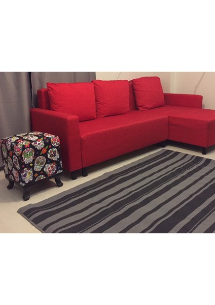 Siyah Kuru Kafa Baskılı Kumaş Ayak Uzatma Oturma Puf 33 x 33 x 43 cm