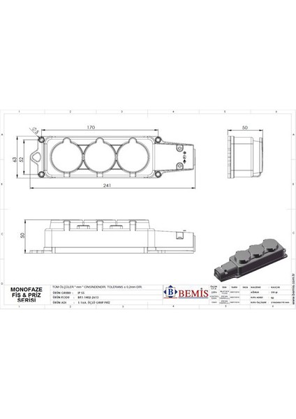 Priz Kauçuk IP44 Grup 3*1/16A