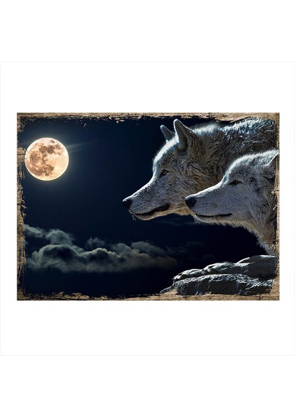 Ahşap Tablo Gri Kurtlar Ve Ay