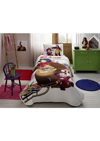 Lisanslı Tek Kişilik Pike Takımı Masha and Bear Watercolour