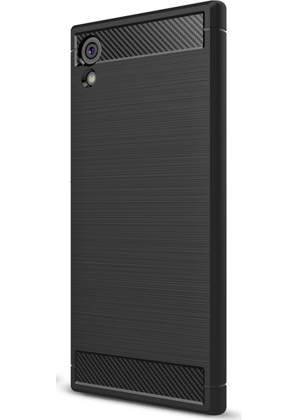 Sony Xperia XA1 Brushed Carbon Fiber Silikon Kılıf + Tempered Cam