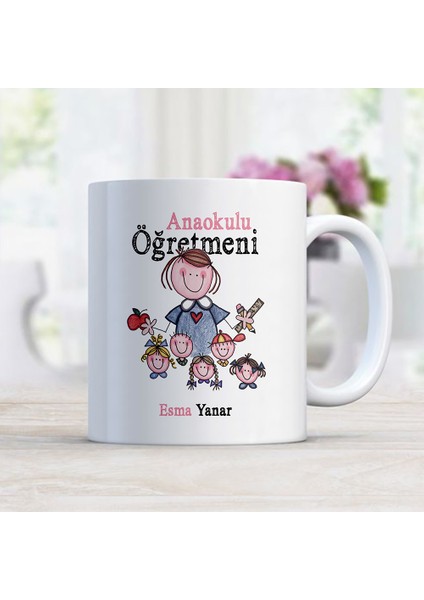 Kişiye Özel İsim Yazılı Anaokulu Öğretmeni Beyaz Kupa Bardak - 2