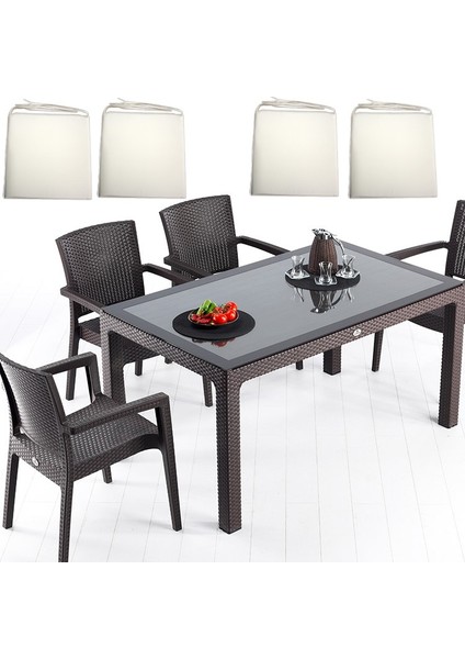 90x150 Classic Rattan Masa ve 4 Adet Minderli Paris Koltuk
