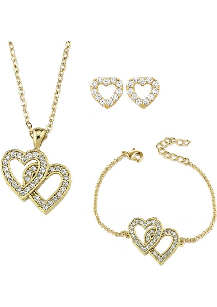 Çift Kalpli Kolye Küpe Bileklik Set Ps0406