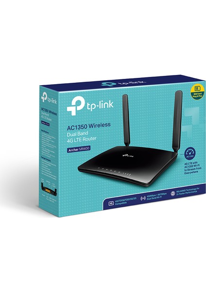 TP-Link Archer MR400, AC1200 Mbps, 4G/3G SIM Yuvası, 64 Cihaza Kadar Bağlantı, Yapılandırma Gerektirmez, Konuk Ağı ve Ebeveyn Kontrolü Desteği, Wi-Fi 5 Dual Band 4G LTE Router