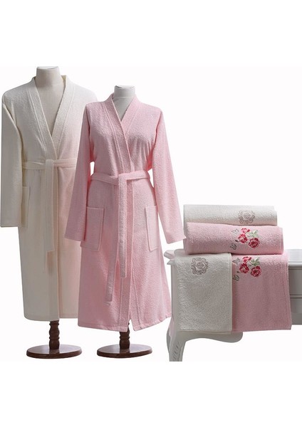 Comfort Aile Bornoz Seti-Primula Pembe-Ekru