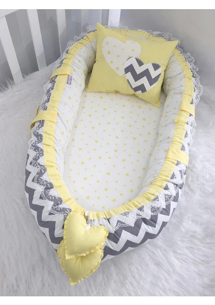 Jaju Baby Babynest Gri Zigzaglı Sarı Yıldızlı Lüx Baby Nest