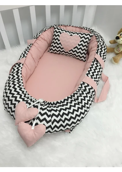 Jaju Baby Babynest Siyah Zigzaglı Pudra Lüx Tasarım Baby Nest