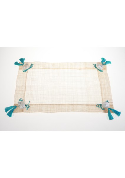 Amerikan Servis Sinamay Hasır Doğal Malzeme Deniz Kabuklu Mavi Fiyonklu 33*48 cm 2 Lİ SET OLARAK SATILMAKTADIR.