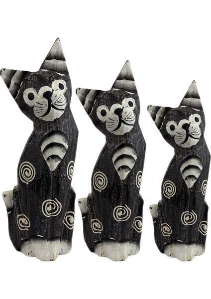 Üçlü Ahşap Otantik Kedi Biblo 25 Cm