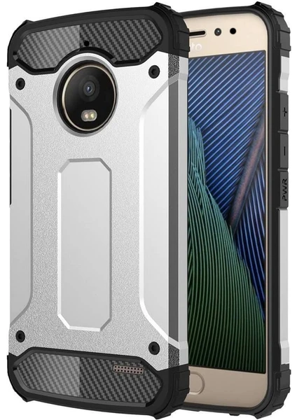 Case 4U Lenovo Moto E4 Kılıf Çift Katmanlı Tank Kapak Gümüş Gri