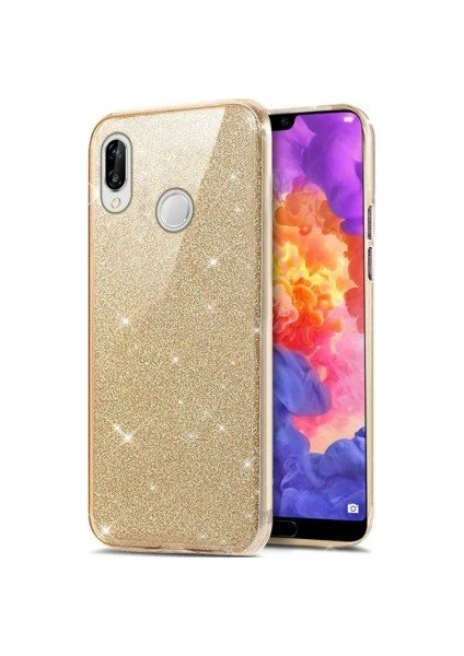 Case 4U Huawei P20 Lite Kılıf Çift Katmanlı Simli Shining Sert Silikon Arka Kapak Altın