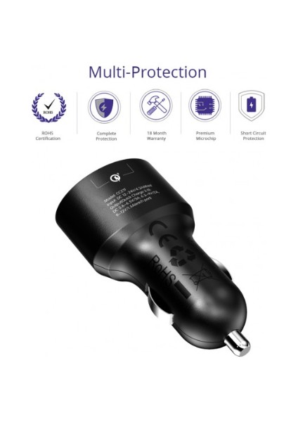 CC2TF Çift USB Çıkışlı Qualcomm QC 3.0 Araç Şarj Cihazı