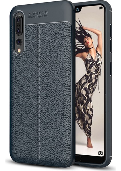 Huawei P20 Pro Kılıf Deri Dokulu Silikon Lacivert