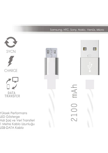 Micro USB Ledli Silikon USB Data Kablo Beyaz (DK011B) fiyatları