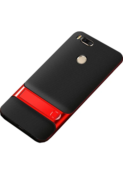 Case 4U Xiaomi Mi A1 - 5X Kılıf Standlı Korumalı Silikon Arka Kapak - Kırmızı