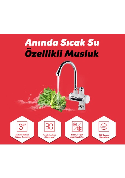 Anında sıcak su ısıtıcı musluk kısa boru alttan çıkışlı