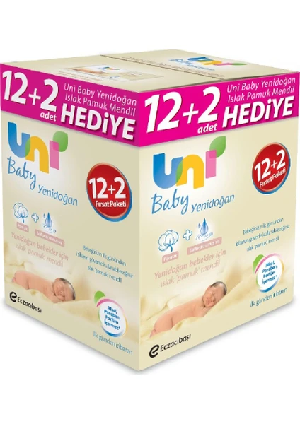 Uni Baby Yenidoğan Islak Pamuk Mendil 12'li + 2 Hediye