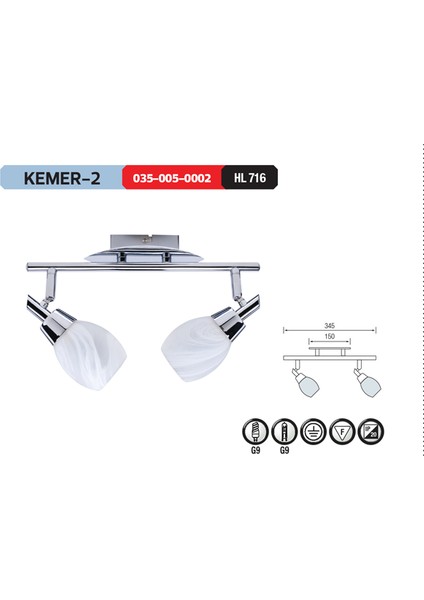 Kemer 2X40W Krom Camlı Tavan - Duvar Aplik
