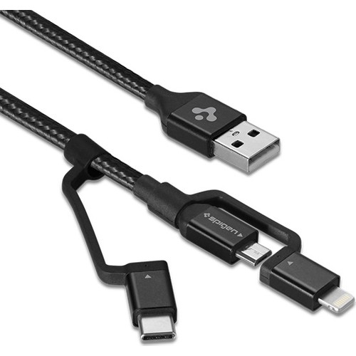 Spigen Essential C10i3 3in1 Lightning + Type-C + Micro USB to USB 2.0 Dayanıklı Naylon Örgü Data ve Şarj Kablosu (1.5m) - 000CB22774