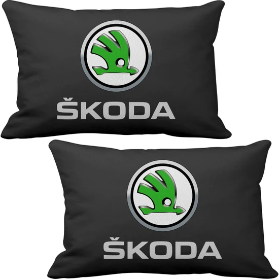 Asr Skoda 2 li Lüks Araç Boyun Yastığı Siyah ve Ahşap Logo Anahtarlık