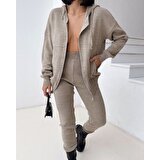 1moda1tarz Kadın Kapüşonlu Fermuarlı Triko Alt-Üst Takım Üst Ceplı Hırka Alt Pantolon Detaylı