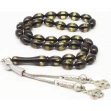 Tesbih Pasajı Koyu Tonda Bal Renk Simli Sürmeli Toz Kehribar Tesbih