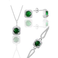 Söğütlü Silver Gümüş Rodyumlu Kök Zümrüt Taşlı Kare Kolye Küpe ve Bileklikten Oluşan Üçlü Set