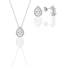 Söğütlü Silver Gümüş Beyaz Altın Rodyumlu Zirkon Taşlı Damla Modeli Ikili Set