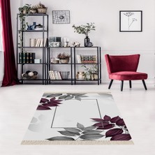 Bona Fortuna Gri Zemin Yaprak Desenli Dijital Baskı Yıkanabilir Kaymaz Taban Salon Halı ve Yolluk