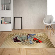 Bona Fortuna Kelebek Desenli Dijital Baskı Yıkanabilir Kaymaz Taban Vintage Salon Halı ve Yolluk